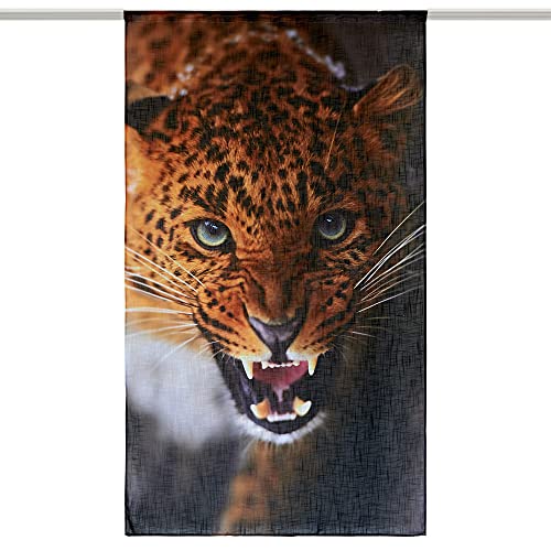 La-Melle. print your style. Lichtdurchlässige Gardine in Leinen-Optik - Motiv Leopard - B 140 cm - L 245 cm - Kräuselband - 1-teiliger Vorhang aus transparentem Stoff mit 12 Haken für Schiene von La-Melle. print your style.