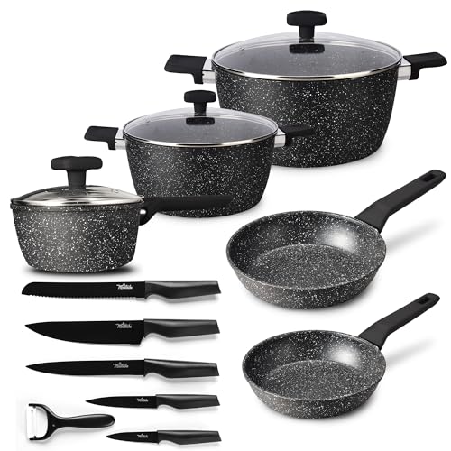 La Moustache - 8-Teiliges Kochgeschirr-Set Onix aus Aluminium mit Antihaftbeschichtetem, 5 Teiliges Messerset mit Sparschäler, Geeignet für Alle Herdarten, Einschließlich Induktion La Moustache - 8-Teiliges Kochgeschirr-Set Onix aus Aluminium mit Antihaftbeschichtetem, 5 Teiliges Messerset mit Sparschäler, Geeignet für Alle Herdarten, Einschließlich Induktion von La Moustache