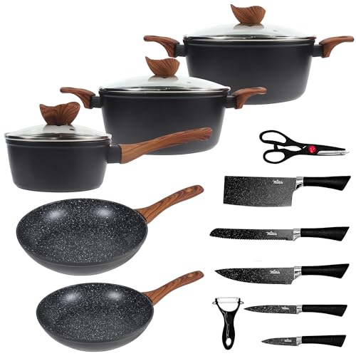 La Moustache - Kochgeschirr-Set aus Aluminium mit Antihaftbeschichtung | 8-Teiliges Callao-Set + 5 Edelstahlmesser mit Gemüseschäler und Schere, Töpfe/Pfannen für alle Herdarten, auch Induktion von La Moustache