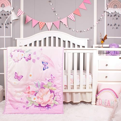 La Premura Baby-Bettwäsche-Set für Mädchen, Aquarell-Violetter Schmetterling, 3-teiliges Kinderbett-Set in Standardgröße für Mädchen, Cunas para Bebes, Blumen-Bettwäsche-Set, Pastellrosa, Gelb und La Premura Baby-Bettwäsche-Set für Mädchen, Aquarell-Violetter Schmetterling, 3-teiliges Kinderbett-Set in Standardgröße für Mädchen, Cunas para Bebes, Blumen-Bettwäsche-Set, Pastellrosa, Gelb und von La Premura