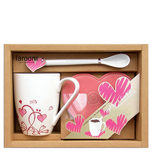 LAROOM 14158 – Set Geschenk Tisch Tasse mit Löffel und Untersetzer Blumen S Herz, Weiß, Pink von La Room