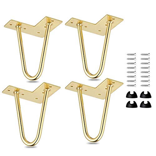 4 Stück Haarnadel Tischbeine 10cm, Modernes Metall Möbelfüße Hairpin Legs mit Bodenschonern, Austauschbare Haarnadelbeine für Schreibtisch Couchtisch Nachttisch Regal Schrank, DIY Möbelgestell Gold von La Vane