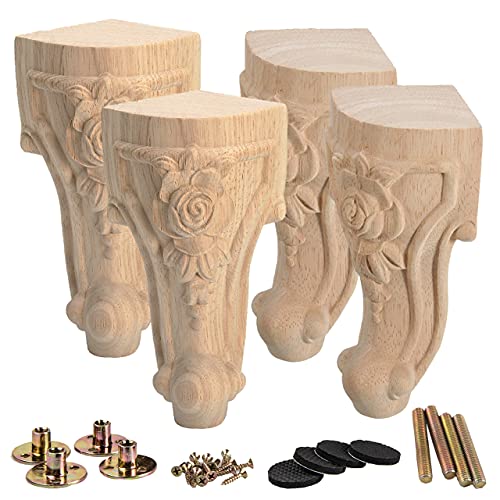 La Vane 4 Stück Massivholz Möbelfüße 10cm (4 Zoll) - Europäischer Stil Handgeschnitzte Tischbeine, Ersatzfüße für Sofa, Bett, Schrank, Couch & Stuhl - Hochwertige Holzdekoration von La Vane