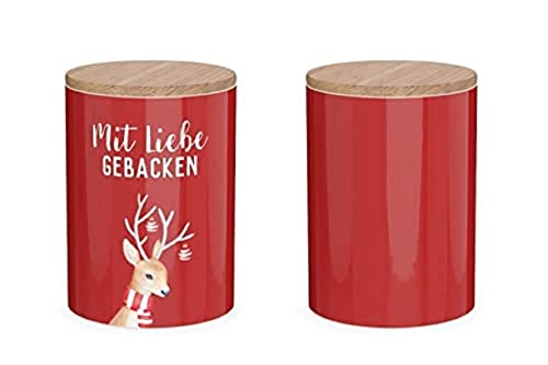 La Vida Vorratsdose Mit Liebe gebacken Rentier Porzellan mit Bambusdeckel rot Natur 11x16cm von La Vida