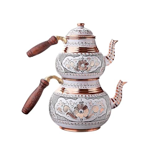 LaModaHome Traditionelle türkische Teekanne aus Kupfer, handgefertigt, mit nicht brennendem Holzgriff und Deckel, Teekessel-Set für Herd, dekorativ, Vintage, antikes Blumenmuster, Einweihungsfeier, von LaModaHome