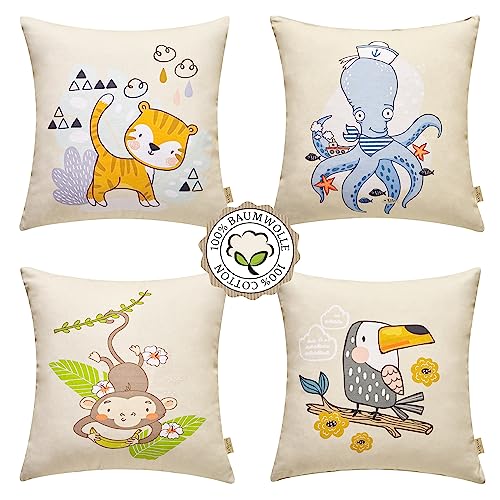 LaVanta-HoMe 100% Baumwolle Kinder Kissenbezüge 40x40, Deutsche Standard-Qualität | 4er-Set Niedliche Tiermotive: Katze, AFFE, Oktopus, Papagei | Perfekt für die tierische Kinderfreude von LaVanta-HoMe