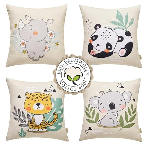 LaVanta-HoMe 100% Hochwertige Baumwolle: Kinder Kissenbezüge 40x40 (4er Set) | Bezaubernde Tiermotive: Nashorn Leopard Panda Koala | Deutsche Qualität | Stilvolle Kinderzimmer Dekoration von LaVanta-HoMe