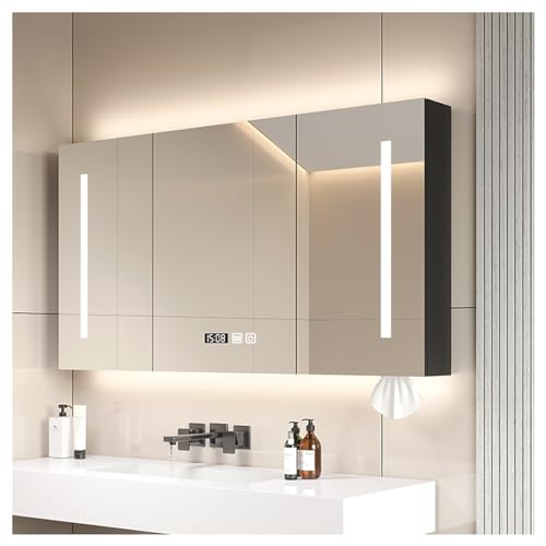 Badspiegel LED-Badezimmerspiegelschrank mit Dimmer und Antibeschlagfunktion, 2-türiger Unterputz-/Aufputz-Aufbewahrungsschrank, Berührungsschalter, Wandmontage, modernes Design, Größe: B130 x H70 von LaYiQimn