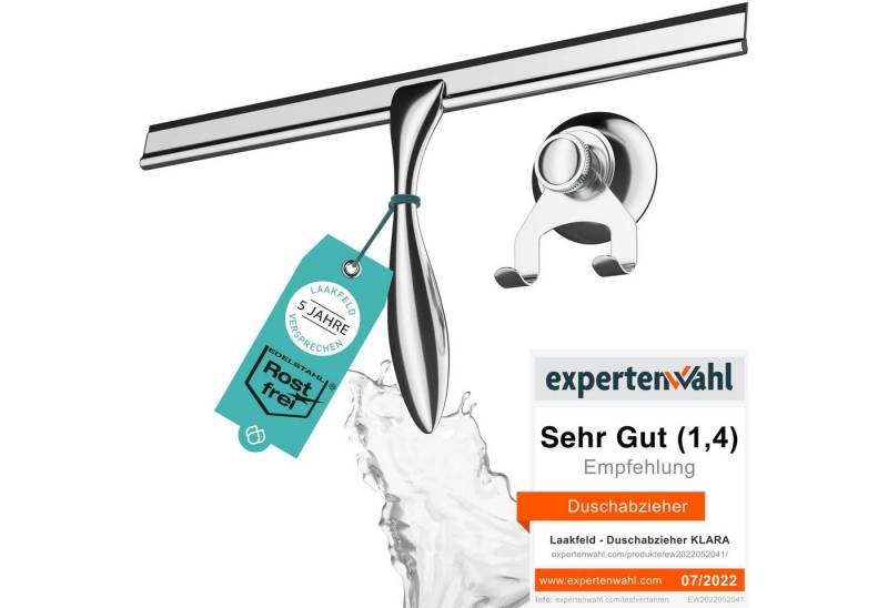 Laakfeld Duschabzieher Extra Breit, 30,5cm Abzieher aus Edelstahl mit Silikon Lippe, (Duschwischer inkl. Saugnapf Halterung ohne Bohren), Duschabzieher breit mit ergonomischem Griff von Laakfeld