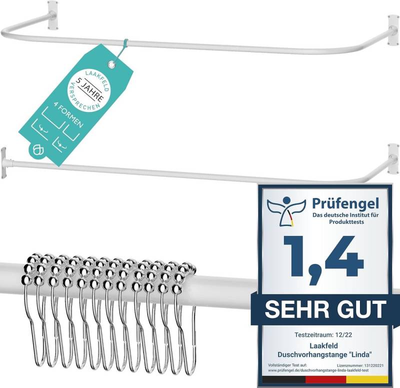 Laakfeld Duschvorhangstange L Form & Duschstange U Form 4 in 1 System inkl. 12 Ringe, Aluminium, Stabile Winkelstange Duschvorhang ohne Deckenhalterung - Rostfrei von Laakfeld