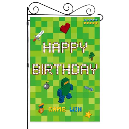 Labakita Green Pixel Themed Happy Birthday Garden Flag Block Video Game Themed Yard Sign Sandbox Miner TNT Videospiel Geburtstagsdekoration für Jungen Mädchen Cool Gaming Party Supplies von Labakita