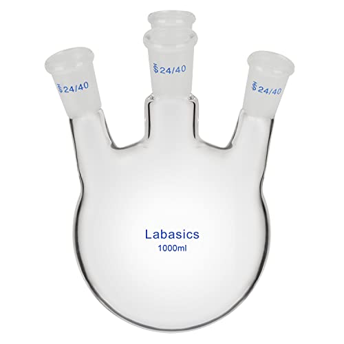 Labasics 4-Hals Rund Untere Kolben RBF, Dickwandiger Borosilikatglas-Laborkolben mit 4 Schrägen Hälsen Rundboden-Siedekolben mit 24/40 Standardkonus außen, 1000 ml von Labasics