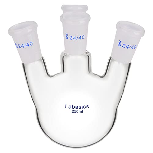 Labasics 4-Hals Rund Untere Kolben RBF, Dickwandiger Borosilikatglas-Laborkolben mit 4 Schrägen Hälsen Rundboden-Siedekolben mit 24/40 Standardkonus außen, 250 ml von Labasics