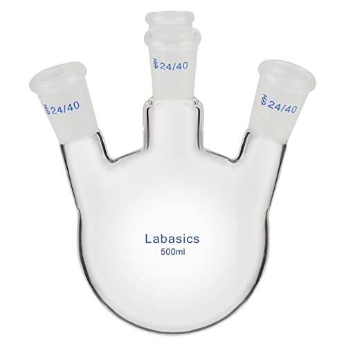 Labasics 4-Hals Rund Untere Kolben RBF, Dickwandiger Borosilikatglas-Laborkolben mit 4 Schrägen Hälsen Rundboden-Siedekolben mit 24/40 Standardkonus außen, 500 ml von Labasics