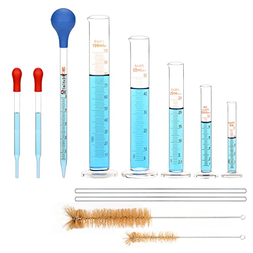 Labasics Graduierter Zylindersatz, 5 Stk. Borosilikatglas Messzylinder in 5 ml/10 ml/25 ml/50 ml/100 ml mit Pipetten/Rührstäben/Sauberbürsten von Labasics