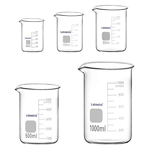 Labasics Labor Becherglas Set, Borosilikatglas Griffinbecher mit Graduierung in Niedriger Form in 5 Größen, 50ml/100ml/250ml/500ml/1000ml (1L), Kombipackung von Labasics