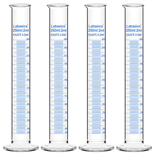 Labasics Messzylinder, 4er-Pack Borosilikat Glas 250 ml Dickwandiger Messzylinder Laborzylinder Lab Graduated Cylinder von Labasics