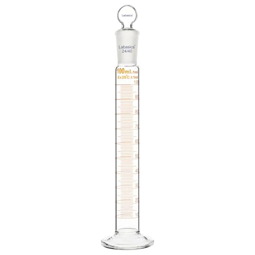 Labasics Messzylinder mit Stopfen, 100 ml Messzylinder aus Borosilikatglas mit 24/40 Normschliff-Stopfen, Robuste Laborglaswaren für präzise Flüssigkeitsmessung von Labasics