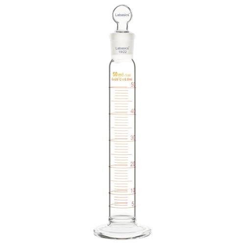 Labasics Messzylinder mit Stopfen, 50 ml Messzylinder aus Borosilikatglas mit 19/22 Normschliff-Stopfen, Robuste Laborglaswaren für präzise Flüssigkeitsmessung von Labasics