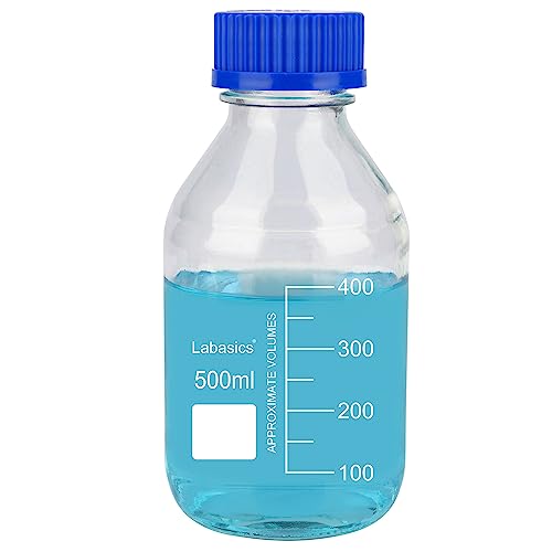 Labasics Runden Medien Aufbewahrungsflaschen mit GL45 Blauer Schraubverschluss, Glas Klar Weithals Graduiert Runde Laborglasflasche zur Aufbewahrung von Reagenzmedien, 500 ml von Labasics