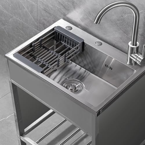 Freistehende Küchenspüle, Edelstahl-Einzelbecken mit Kalt- und Warmwasserhahn und ausziehbarem Abtropfkorb für Restaurants(55 * 45cm/21.6 * 17.7in) von Labasuan