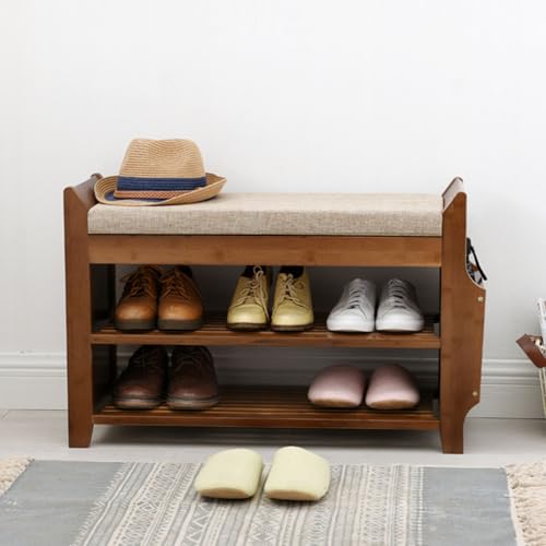 Labasuan 2-stöckige Schuhbank aus Bambus, Schuhbank mit versteckter Schublade und seitlichem Halter, gepolsterte Schuhbank für Eingangsbereich, Flur, Schlafzimmer und Badezimmer(Medium) von Labasuan