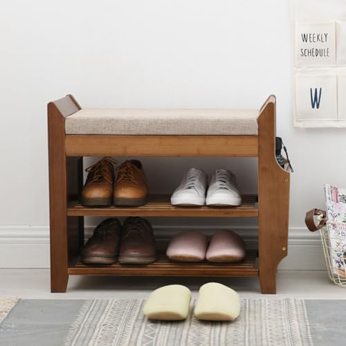 Labasuan 2-stöckige Schuhbank aus Bambus, Schuhbank mit versteckter Schublade und seitlichem Halter, gepolsterte Schuhbank für Eingangsbereich, Flur, Schlafzimmer und Badezimmer(Small) von Labasuan