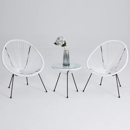 Labasuan 3-teiliges Acapulco-Stuhlset mit Glastisch, Sitzgelegenheit aus geflochtenem PE-Rattan, wetterfestes Terrassenmöbel-Set für Garten, Pool und Balkon(White) von Labasuan