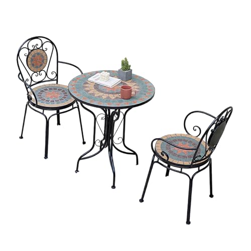 Labasuan 3-teiliges Mosaik-Bistro-Set, Mosaikfliesen-Möbel, 2-Sitzer-Set mit runder Tischplatte und Stühlen mit Eisengeflecht-Sitzfläche, für Garten, Terrasse, Balkon, Outdoor-Möbel(Black) von Labasuan