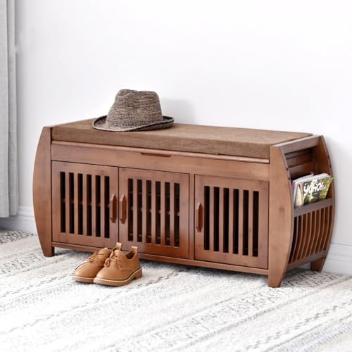 Labasuan Bambus-Schuhbank mit Sitzkissen, verstecktem Staufach, Sitzbank für den Eingangsbereich mit hochklappbarem Deckel(40.1in) von Labasuan