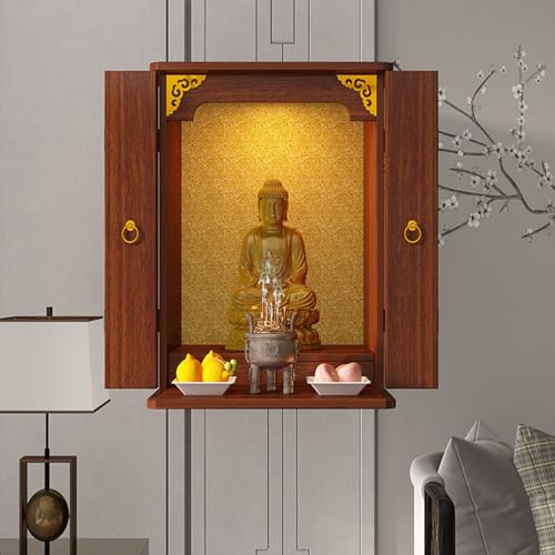 Labasuan Buddha-Altarregal, Wandregal, Statuenständer, Opfertisch, Buddha-Tempelschrein aus Holz mit Türen, chinesische Fengshui-Statuenvitrine(Walnut,15.7 * 11.4 * 20.9in) von Labasuan