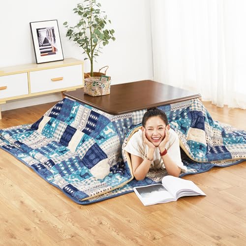 Labasuan Japanischer Kotatsu-Tisch mit Heizstrahler und Decke, Tatami-Heizofen fürs Schlafzimmer, 5er-Set multifunktionaler Couchtische aus Massivholz zum Sitzen auf dem Boden(80 * 80 * 45cm) von Labasuan