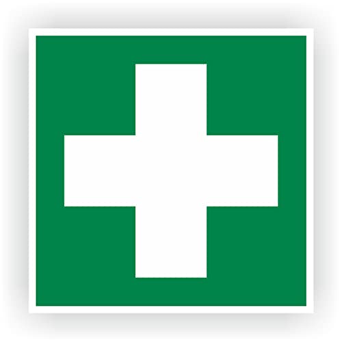 5x Aufkleber “Erste Hilfe” Sticker Zeichen mit UV-Schutzlaminat (Outdoor geeignet), 10x10cm, Verbandskasten Sicherheitsaufkleber, Grünes Kreuz Hinweisschild, Rettungszeichen nach ASR A 1.3/BGV A8/DIN 4844 von LabelDay