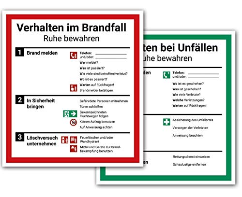 Schild Aushang Verhalten im Brandfall und Verhalten bei Unfällen als Set, 18x20cm, ISO 7010, Notfallplan von LabelDay
