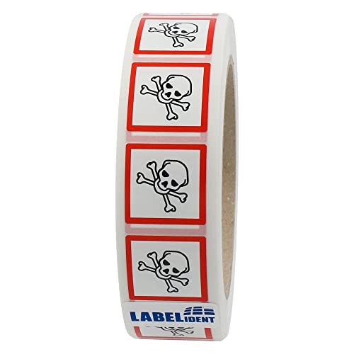 Labelident GHS 06 Etiketten 25 x 25 mm - Warnung giftige Stoffe - 1.000 Gefahrensymbole Aufkleber auf 1 Rolle(n), 3 Zoll (76,2 mm) Rollenkern, Polyethylen, GHS Kennzeichnung von Labelident