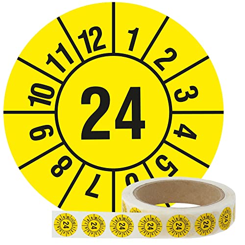 Labelident Jahresprüfplakette 2024 - Monate - Jahreszahl (JJ) - Ø 20 mm, 1.000 fälschungssichere Jahresplaketten auf Rolle, Dokumentenfolie, gelb, selbstklebend von Labelident