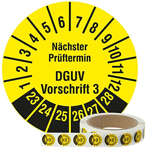 Labelident Mehrjahresprüfplaketten 2023-2028 - Nächster Prüftermin DGUV Vorschrift 3 - Ø 20 mm, 1.000 fälschungssichere Prüfplaketten auf Rolle, Dokumentenfolie, gelb, selbstklebend von Labelident