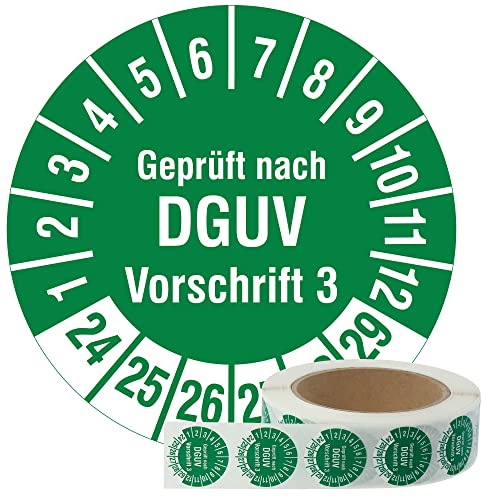 Labelident Mehrjahresprüfplaketten 2024-2029 - Geprüft nach DGUV Vorschrift 3 - Ø 30 mm, 1.000 widerstandsfähige Prüfplaketten auf Rolle, Polyethylen, grün, selbstklebend von Labelident