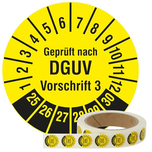 Labelident Mehrjahresprüfplaketten 2025-2030 - Geprüft nach DGUV Vorschrift 3 - Ø 20 mm, 1.000 widerstandsfähige Prüfplaketten auf Rolle, Polyethylen, gelb, selbstklebend von Labelident