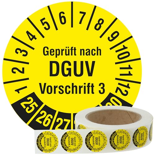Labelident Mehrjahresprüfplaketten 2025-2030 - Geprüft nach DGUV Vorschrift 3 - Ø 30 mm, 1.000 widerstandsfähige Prüfplaketten auf Rolle, Polyethylen, gelb, selbstklebend von Labelident