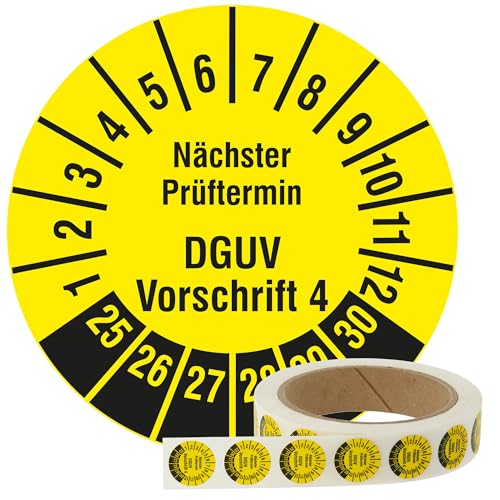 Mehrjahresprüfplaketten 2025-2030 - Nächster Prüftermin DGUV Vorschrift 4 - Ø 20 mm, 1.000 widerstandsfähige Prüfplaketten auf Rolle, Polyethylen, gelb, selbstklebend von Labelident