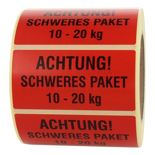 Warnetiketten 100 x 50 mm - Paket Aufkleber Achtung! Schweres Paket 10 kg bis 20 kg - 1.000 Versandaufkleber auf 1 Rolle(n), Papier selbstklebend von Labelident