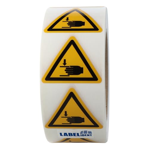Warnaufkleber W024 - Warnung Handverletzungen - Seitenlänge: 50 mm - 1.000 selbstklebende Warnzeichen 1 Rolle(n), 40 mm, Polyethylen von Labelident