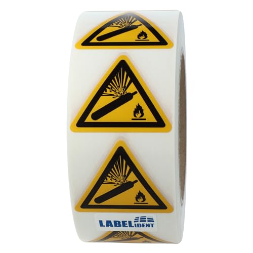 Warnaufkleber W029 - Warnung vor Gasflaschen - Seitenlänge: 50 mm - 1.000 selbstklebende Warnzeichen 1 Rolle(n), 76 mm, Polyethylen von Labelident