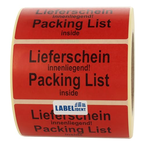 Warnetiketten 100 x 50 mm - Paket Aufkleber Lieferschein innenliegend! Packing list inside - 1.000 Versandaufkleber auf 1 Rolle(n), Papier selbstklebend von Labelident