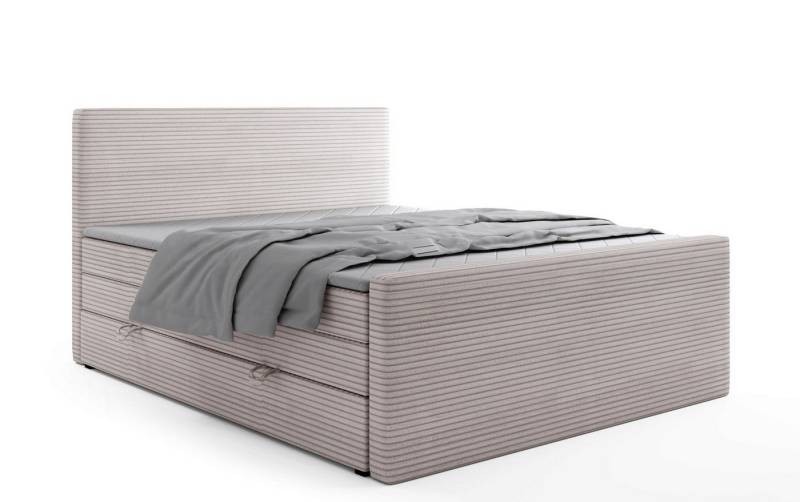 Labett Boxspringbett Bettkasten & Doppelmatratze Cordstoff POSETTO KING 180x200 200x200 (2 Bettkästen, Topper), Bonellfederkern- und Taschenfederkernmatratze von Labett