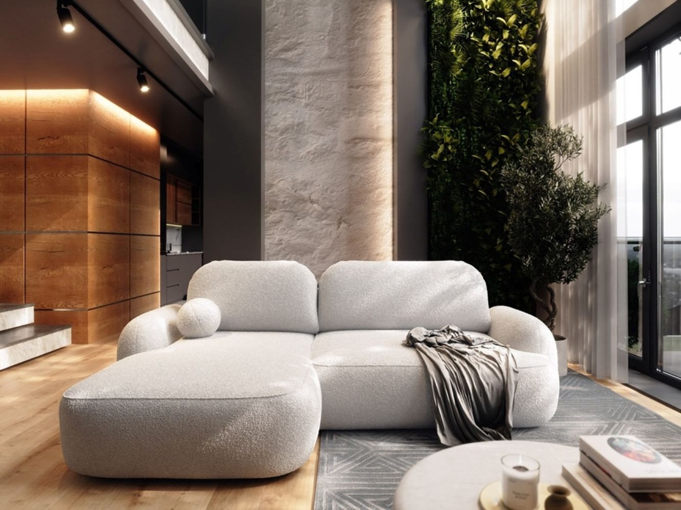Labett Ecksofa MOLLY L-Form mit Schlaffunktion - Bouclé, rundes Design, 276x176 cm, mit Relaxfunktion von Labett