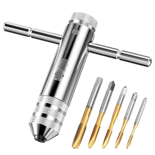 Labmilon 5 Stück Gewindeschneider Set Verstellbarer M3/ M4/ M5/ M6/ M8 + 1 Stück T Griff Windeisen Ratsche, Gewindebohrer, Handgewindebohrer Halterschlüssel, Titan-beschichtet Werkzeughalter von Labmilon