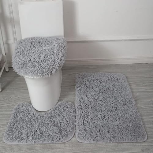 Labstandard Badteppich-Set 3-teilige rutschfeste rutschfeste Badematte U-förmiger Konturteppich und Toilettendeckel Waschbare Duschmatte Super Weich Badteppich Badezimmer Matte WC-Sitz Bezug (Grau) von Labstandard