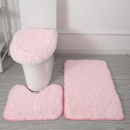 Labstandard Badteppich-Set 3-teilige rutschfeste rutschfeste Badematte U-förmiger Konturteppich und Toilettendeckel Waschbare Duschmatte Super Weich Badteppich Badezimmer Matte WC-Sitz Bezug (Pink) von Labstandard
